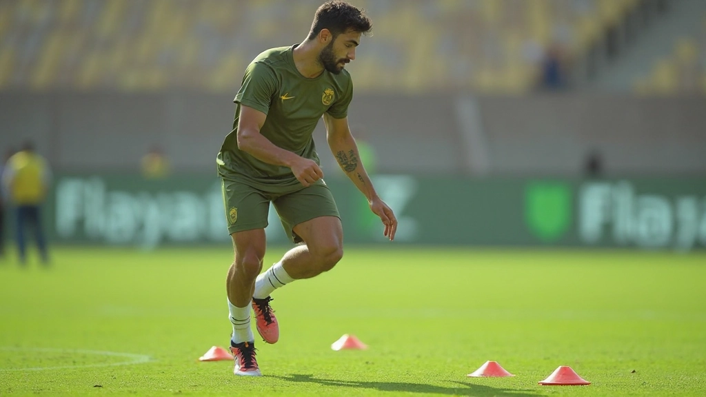 لاعب كرة قدم يقوم بتدريبات السرعة والرشاقة على الملعب