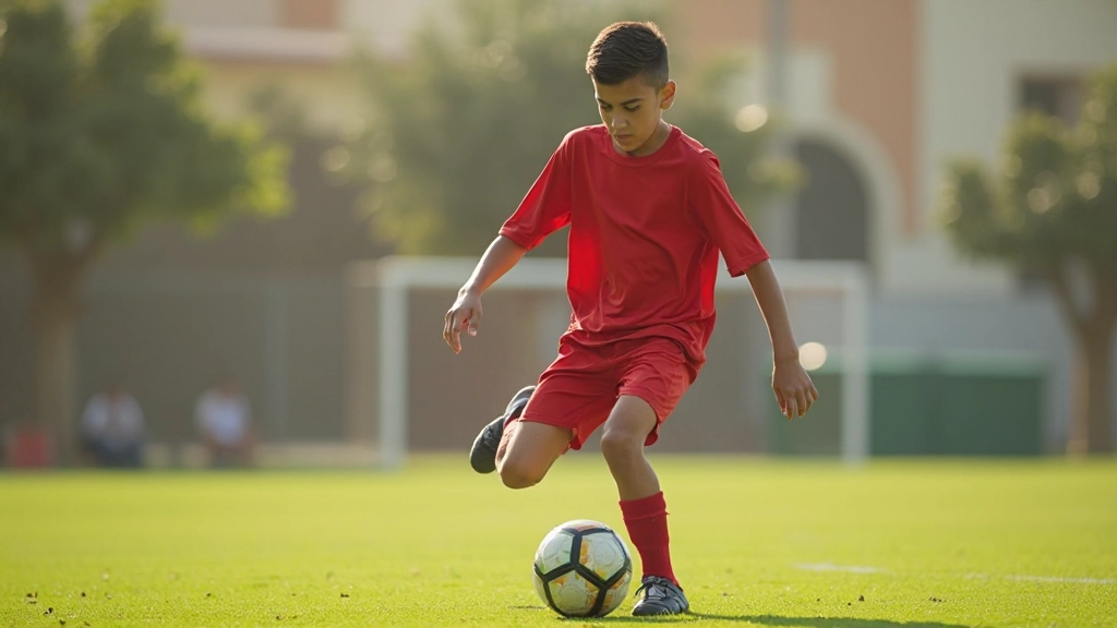 تدريب لاعب ناشئ على تقنيات كرة القدم الأساسية في ملعب عشبي